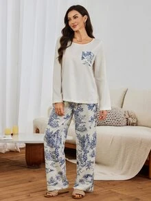Serenescape Vacation Style Printed Long Sleeve Set, Spring/Autumn Thin Crew Neck Casual Loose Loungewear - White - View 5