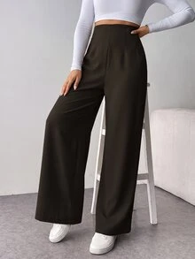 SHEIN Tall CURVE Plus Size Women Solid Color High Waist Wide Leg Loose Casual Long Pants - Brown - View 4