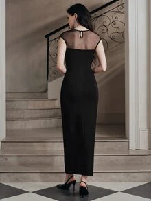 Anewsta New Autumn/Winter Elegant Fashion Sexy Party Date Holiday Mesh Patchwork Long Dress For Women - Black - View 7