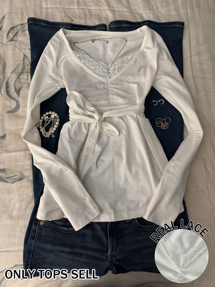 IslaSuriya Kemeja Lengan Panjang Warna Polos dengan Hiasan Renda dan Kerah Ikat, Cocok untuk Kencan, Liburan, Pesta, Jalan-jalan Sehari-hari, Berkumpul, dan Aktivitas Luar Ruangan. - Putih - View 1