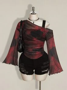SHEIN ICON 女款大尺碼紮染圖案單肩長袖時尚上衣 - 酒紅色 - 查看 1