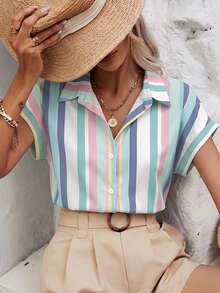 SHEIN Frenchy 女款夏季條紋單排扣短袖時尚襯衫 - 彩色 - 查看 5