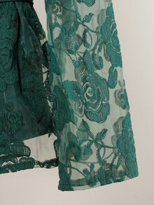 Modelyn Mesh Embroidered Dark Green Top And Skirt Set, Elegant Fashionable Lady Style, High-End Long Sleeve Plus Size 2 Pieces Outfit - Dark Green - View 5