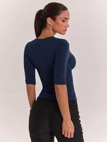 SHEIN BAE 女款柔軟舒適羊絨長袖上衣，適合日常外出、返校穿搭、通勤與辦公室穿著 - 藏蓝色 - 查看 2