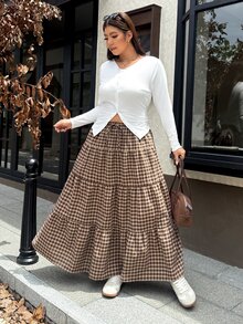 Muchica 大尺碼女款棕色格紋百褶裙，適合休閒日常穿著、度假穿搭、Y2K風格、返校造型及演唱會穿著，秋季款 - 棕色 - 查看 5