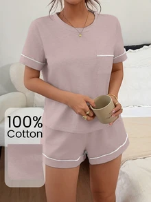 Napfluff Women's Knit Round Neck Short Sleeve Trim Shorts Pajama Set - Pink - View 5