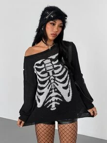 SHEIN ICON Women's Cold Shoulder Skull Pattern Fashion Sweater - Black - View 5