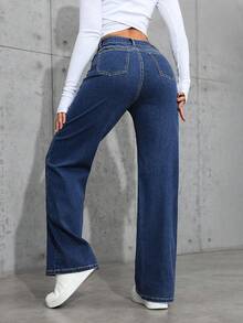 SHEIN PETITE 女款休閒牛仔褲，附口袋，適合日常穿著 - 深色水洗藍 - 查看 2