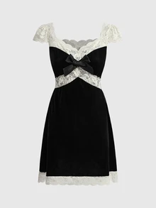 Sweetness Autumn/Winter Sweet Girl Black Velvet Lace Trim Mini Dress For Women - Black - View 1