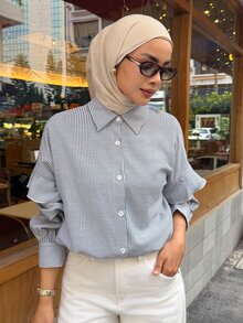 DAZY Autumn Women's Loose Short Button-Down Shirt With Collar, Blue And White Fine Stripes, Fresh Casual Commute Daily Wear - Baby Blue - View 6