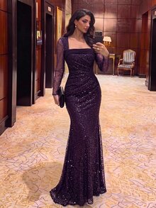 Aureia 優雅奢華珠飾亮片透視長袖不對稱領口抓褶修身魚尾拖尾拼接側荷葉邊重工裝飾晚禮服，適用婚禮活動派對舞會盛典，新娘及新娘母親禮服 - 深紫色 - 查看 2