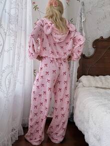 CottageSlumber Women's Pink Bow Hooded Pullover Pajama Set, Soft Plush Loungewear 2 Pieces Set - Pink - View 3
