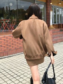 DAZY Women's Solid Color Lapel Casual Jacket And Skirt 2 Pieces Set, Korean Style Spring/Summer - Coffee Brown - View 2