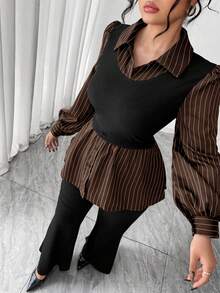 Elenzga Plus Size Casual Versatile Commute Patchwork Striped 2 In 1 Shirt And Versatile Minimalist Flared Long Pants Two Pieces Set - Brown - View 3