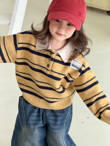 DAZY Sweater Lengan Panjang Kasual Harian Motif Garis-Garis untuk Bayi Perempuan - Kuning - View 6