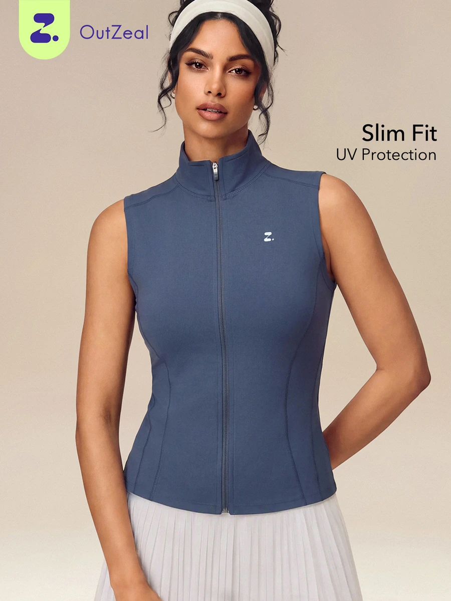 OutZeal Women Sports Tank Gym Workout Slim Fit Stand Collar Zip Up Vest Summer - Navy Blue - View 1