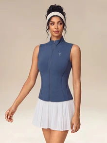 OutZeal Women Sports Tank Gym Workout Slim Fit Stand Collar Zip Up Vest Summer - Navy Blue - View 3