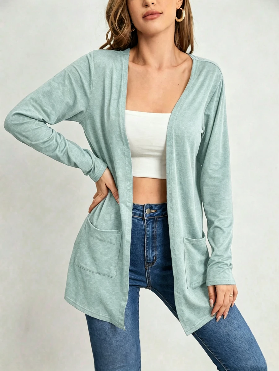 SHEIN LUNE 女款素色長袖口袋設計開襟休閒夾克 - 綠色 - 查看 1