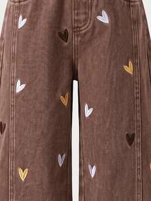 SHEIN Genkimix Kids 女童牛仔寬腿牛仔褲 全季新款 可愛趣味復古牛仔女郎風 嬰兒藍 鬆緊腰帶設計 多色愛心刺繡 秋季 - 棕色 - 查看 4