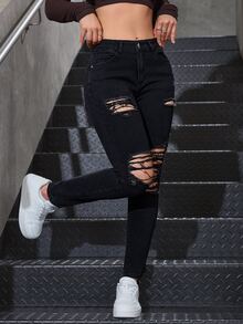 SHEIN CURVE+ Plus Size Solid Color Washed Distressed Slim Fit Skinny Jeans - Black - View 4