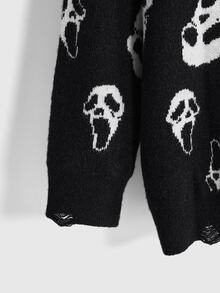 ROMWE Dark Gothic Halloween Ghost Face Jacquard Distressed Design Crew Neck Pullover Loose Fit Plus Size Sweater - Black - View 4