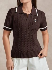 Briarwyn Women's Cartoon Bear Pattern Collared Short Sleeve Knit Top - Brown - View 6