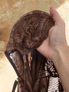 Amplova Gaun Mini Cami Motif Zebra dengan Renda Kontras Seksi untuk Wanita - Mocha Brown - View 9