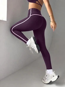 Dewbera Dewbera 女款秋季運動緊身褲，深色水洗修身款，9/10長度，拼色拼接配滾邊，常規腰頭，休閒可愛七分褲，適合跑步、瑜伽、健身房 - Purple Wisdom - 查看 2