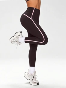 Dewbera Dewbera 女款秋季運動緊身褲，黑色亮片修身款，9/10長度，拼色拼接配滾邊，中腰，休閒舒適，適合健身房、瑜伽 - 棕色 - 查看 6