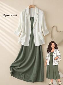 Rusticease Women's Plus Size Casual Minimalist Solid Color Camisole Dress And Blazer 2 Pieces Set - Multicolor - View 10
