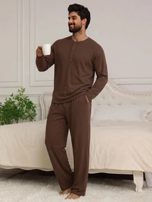DAZY Men's Solid Color Crew Neck Long Sleeve Top & Long Pants Loungewear Set - Coffee Brown - View 5