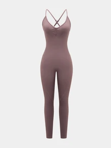 SHEIN Core Rhythm جمبسوت رياضي بحمالات رفيعة للنساء، موضة كاجوال إبداعية وشخصية - وردي صدئ - مشاهدة 5