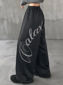 FRIFUL Women's Summer New Loose Casual Versatile Sweatpants With Back Rhinestone Letter - Grey - View 4