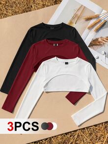 SHEIN Cheerettes 女款超短版圓領長袖運動T恤 - 彩色 - 查看 1