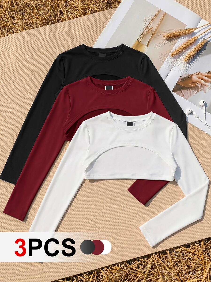 SHEIN Cheerettes 女款超短版圓領長袖運動T恤 - 彩色 - 查看 1