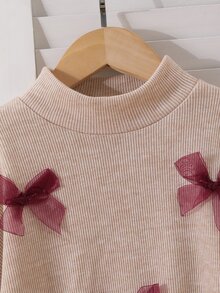 SHEIN 女童2件套，半高領長袖羅紋網紗蝴蝶結上衣 + 純色喇叭褲，柔軟彈性甜美套裝，可愛兒童春秋裝 - 紅色 - 查看 6