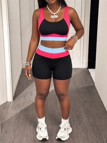 SHEIN Core Rhythm 2026 Summer New Women's Plus Size Sporty Colorblock Tank Top & Adjustable Double Strap Bikini Bottom 2 Pieces Swimsuit - Multicolor - View 5