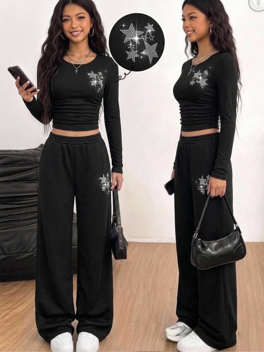 SHEIN 青少年女孩秋季套裝 星星水鑽長袖短版T恤搭配寬腿長褲,秋季上衣,秋季服飾,冬季,Y2K,街頭風,黑色 - 黑色 - 查看 1