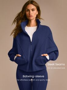 GLOWMODE Everyday Fleece Warmth Whisperer 柔軟保暖輕量夾克，前後接縫設計、口袋、蝙蝠袖、高領、全開襟拉鍊，休閒款 - Dark Blue - 查看 4