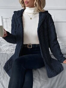 SHEIN Clasi 大尺碼女款紋理長袖抓絨連帽休閒夾克 - 藏蓝色 - 查看 9