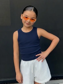 DAZY Crew Neck Pullover Fitted Basic Sleeveless Tank Top For Girls (Large) - Navy Blue - View 4