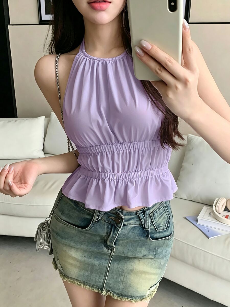 K-Vae Halter Neck New Elegant Pleated Fashion Ruffle Hem Top - Purple - View 1