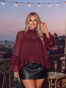 Auralis Plus Size Women's Burgundy Loose Fashion Ruffle Hem Simple Daily Vacation Outfit Blouse Top - Brown - View 6