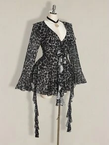 SHEIN ICON Women's Plus Size Leopard Print Ruffle Hem Dress Fall - Grey - View 7