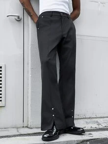 Major Grit 男士開衩褲腳串珠喇叭西裝褲，商務休閒長褲，直條紋喇叭褲，萬聖節禮物，送給男友或丈夫的首選 - 黑色 - 查看 3