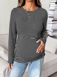 SHEIN Maternity Nursing Striped Colorblock Long Sleeve Minimalist Top - Black - View 3