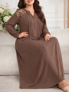 Al Najma Gaun Arab Elegan Lengan Panjang Kancing Tunggal dengan Renda Kontras untuk Wanita Ukuran Plus - Coffee Brown - View 5