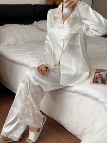 Napfluff Jacquard Faux Silk Lace Trim Open Front Lapel Long Sleeve Pants Pajama Set For Women - Multicolor - View 6