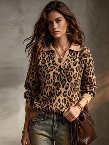 Linhara CURVE Women's Plus Size Leopard Print Long Sleeve Sweater - Multicolor - View 5