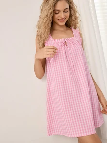 Ocili Women's Soft Comfortable Yarn-Dyed Plaid Ruched Tie-Strap Tank Dress Nightgown Loungewear - Pink - View 5